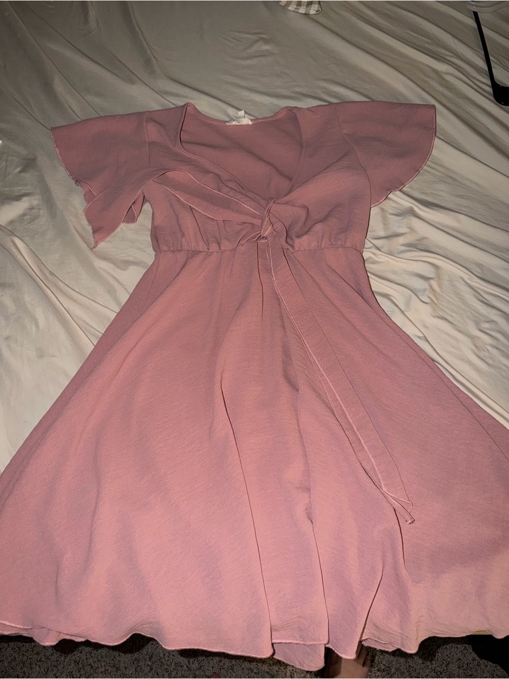 Women's Pink and black Tie-Waist Flutter Sleeve Dress